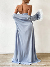 Women's Long Strapless Dress With Sheer Mesh Sleeve Cuffs Jacket Two Piece Set